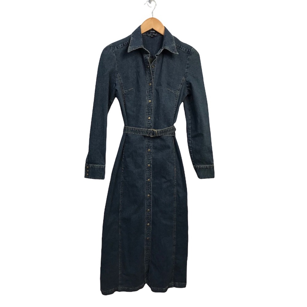 Jacob Y2K Dark Wash Denim Snap Button Maxi Midi Long Sleeve Dress Size 9/10